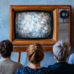 Menschen sitzen vor einem alten Fernseher als Symbol für gemeinsame Medienerfahrung und gemeinsame Wirklichkeit in Zeiten der Fragmentierung